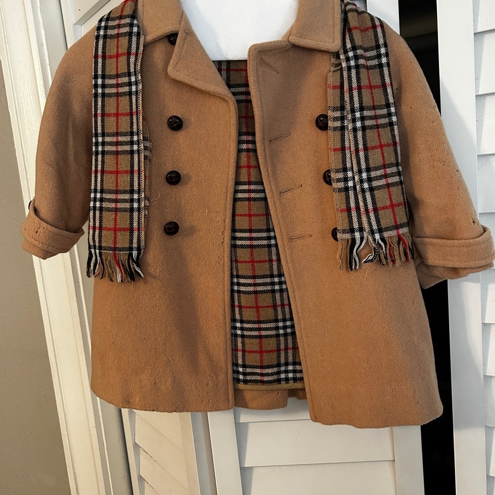 Classic Tan Kids Coat with Plaid Scarf